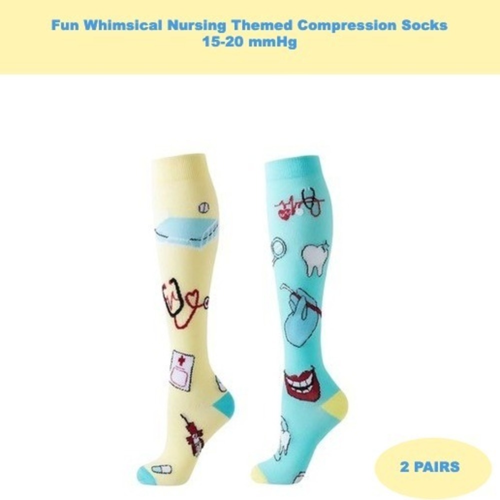 Unisex 15-20‎ mmHg Compression Socks L/XL Knee High Medical Whimsical 2 Pack NEW